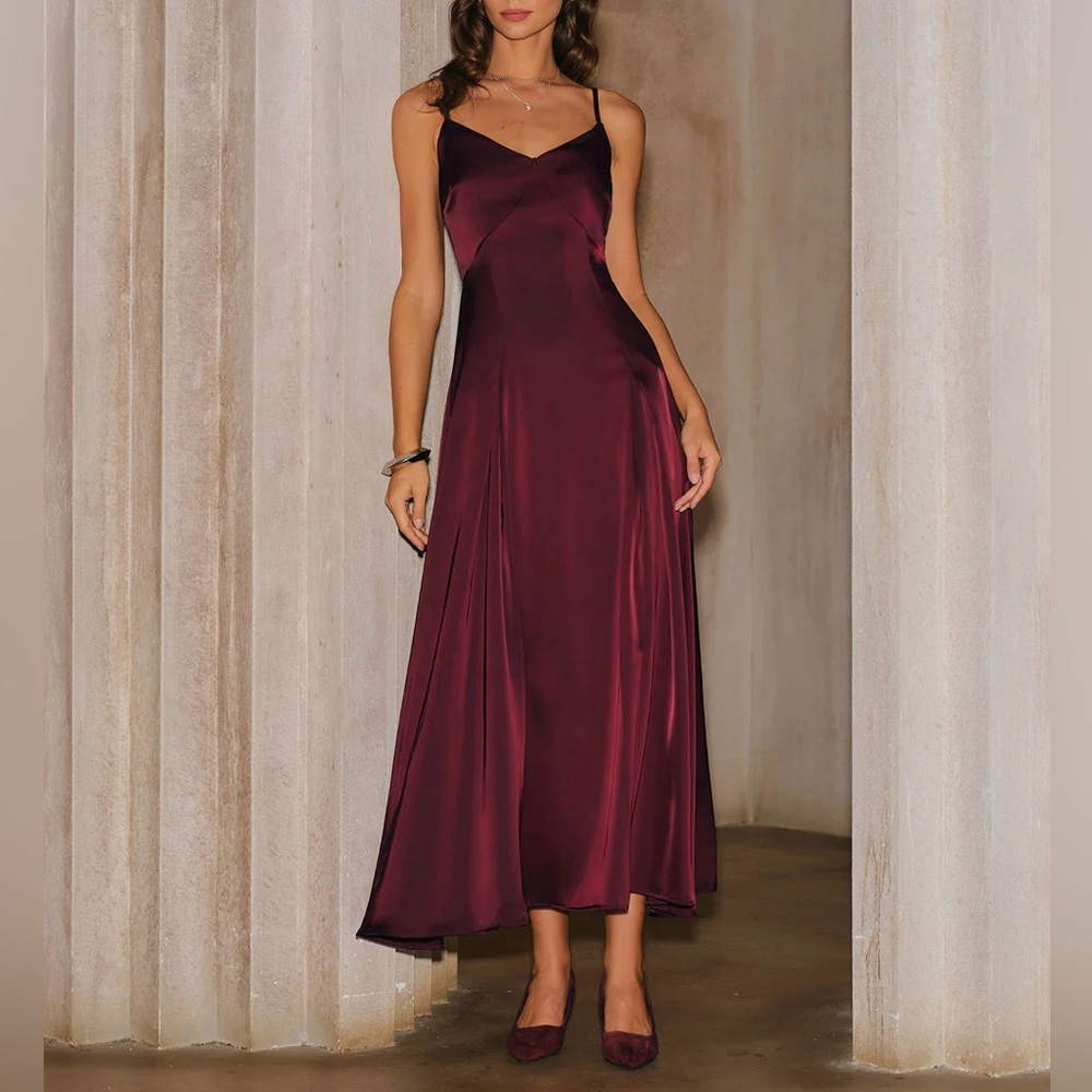 Rihoas Wine Red Satin A-Line Slip Maxi Dress - Picture 4 of 9